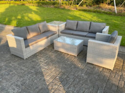 Fimous Light Grey Outdoor Rattan Garden Furniture Set Corner Sofa Set Oblong Square Coffee Table Armchair - thumbnail 3