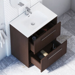Royal Bathrooms Livora 700mm Walnut Woodgrain Floor Standing Bathroom Vanity Unit 2 Storage Cabinet Drawer With Ceramic Basin - thumbnail 4