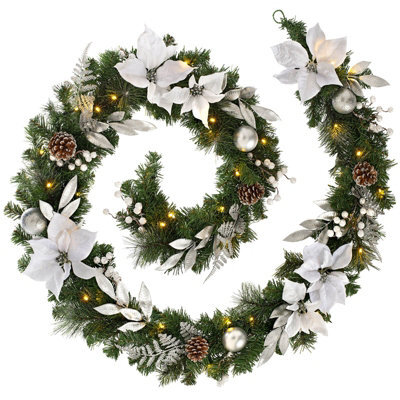 Werchristmas Pre-Lit Silver And White Decorated Artificial Christmas Garland 9 Ft, 40 Warm White Leds - image 1
