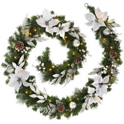 Werchristmas Pre-Lit Silver And White Decorated Artificial Christmas Garland 9 Ft, 40 Warm White Leds - thumbnail 1