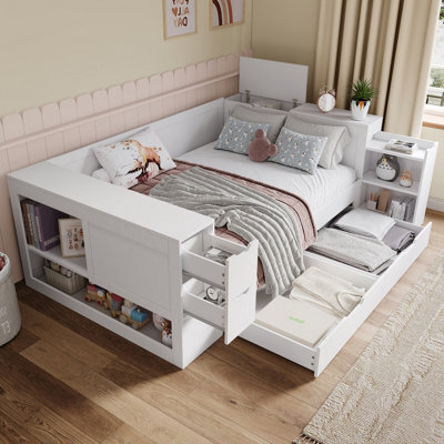 Abrihome White Multifunctional Children's Daybed With Storage Drawers & Shelves - 4Ft6 Small Double - Includes Bedside Table, No Mattress - image 1