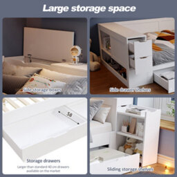 Abrihome White Multifunctional Children's Daybed With Storage Drawers & Shelves - 4Ft6 Small Double - Includes Bedside Table, No Mattress - thumbnail 5