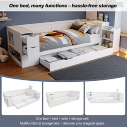 Abrihome White Multifunctional Children's Daybed With Storage Drawers & Shelves - 4Ft6 Small Double - Includes Bedside Table, No Mattress - thumbnail 3