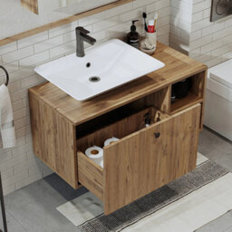 Roomart Lotus Oak Bathroom Vanity Unit With Ceramic Washbasin 95Cm - thumbnail 4