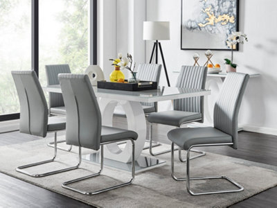 Furniturebox Giovani Rectangular 6 Seat White High Gloss Unique Halo Base Dining Table Grey Glass Top 6 Grey Faux Leather Lorenzo Chairs - image 1
