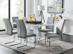 Furniturebox Giovani Rectangular 6 Seat White High Gloss Unique Halo Base Dining Table Grey Glass Top 6 Grey Faux Leather Lorenzo Chairs - thumbnail 1