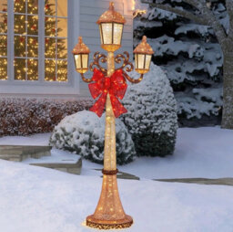 Xample 7Ft (2.1M) Lighted Christmas Lamp Post With 220 Led Lights, 3 Lanterns, Red Bow, Twinkling Bulbs, Indoor & Outdoor Decoration