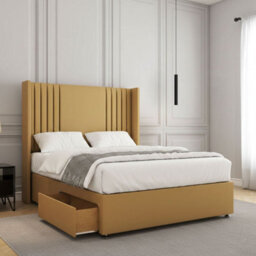 REGIONAL FURNISHINGS Divan Bed Set Mustard Plush Velvet Upholstered 54Inch Headboard 2Drawers Footend & No Mattress In Double King 4Ft 6Ft Sizes - thumbnail 2