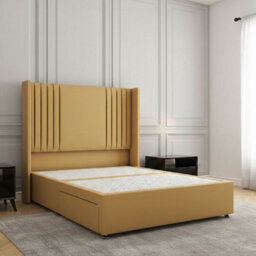 REGIONAL FURNISHINGS Divan Bed Set Mustard Plush Velvet Upholstered 54Inch Headboard 2Drawers Footend & No Mattress In Double King 4Ft 6Ft Sizes - thumbnail 1
