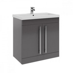 Clifton Bathroom 2-Door Floor Standing Vanity Unit With Mid Depth Ceramic Basin 800mm Wide - Storm Grey Gloss  - Brassware Not Included - thumbnail 1