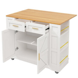 Abrihome Mobile Kitchen Island Cart W/ 2 Drawers, Double-Sided Racks & Foldable Worktop, White - Portable Storage Trolley - thumbnail 9