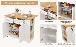 Abrihome Mobile Kitchen Island Cart W/ 2 Drawers, Double-Sided Racks & Foldable Worktop, White - Portable Storage Trolley - thumbnail 5