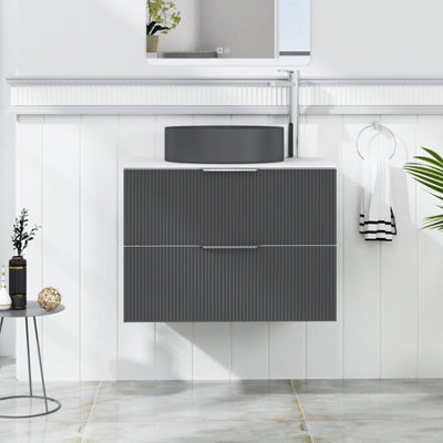 Royal Bathrooms Evora 700mm Graphite Grey Fluted Wall Hung Countertop Vanity Unit 2 Drawer With Art Round Basin - image 1