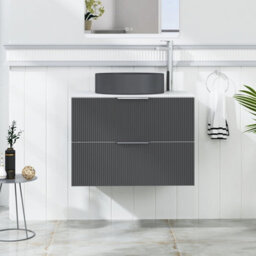 Royal Bathrooms Evora 700mm Graphite Grey Fluted Wall Hung Countertop Vanity Unit 2 Drawer With Art Round Basin - thumbnail 1