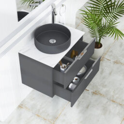 Royal Bathrooms Evora 700mm Graphite Grey Fluted Wall Hung Countertop Vanity Unit 2 Drawer With Art Round Basin - thumbnail 3