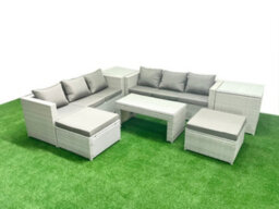 Fimous 8 Seater Garden Outdoor Rattan Furniture Set Rattan Garden Sofa Oblong Coffee Table 2 Stools 2 Side Tables Light Grey - thumbnail 2