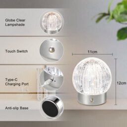Harper Living Rechargeable Table Lamp, Small Battery Operated Desk Lamp, Globe Shade, Chrome Finish - thumbnail 7