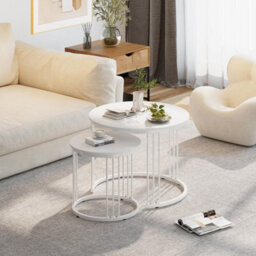 Huhote 2 Set Nesting Round Side Tables White Finish 23.6/15.7 In Coffee Table End Table For Living Room Balcony Office Apartment - thumbnail 3