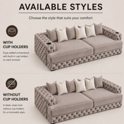 Stratus Interiors Bella Cinema Luxury Sofa For Tv Room, Plush Velvet Upholstered Design-Chesterfield Front And Sides - Cupholders - Pebble Plush - thumbnail 4