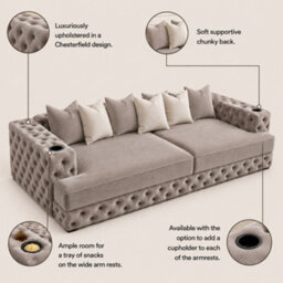 Stratus Interiors Bella Cinema Luxury Sofa For Tv Room, Plush Velvet Upholstered Design-Chesterfield Front And Sides - Cupholders - Pebble Plush - thumbnail 2