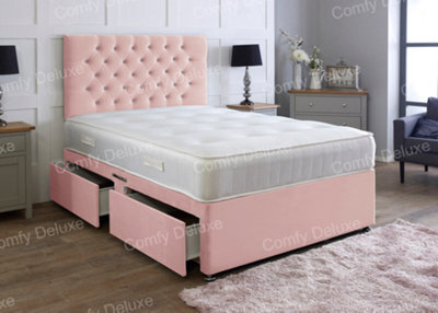 Comfy Deluxe Pink   Plush 4Ft Small Double Divan Bed With Mattress And Headboard 2 Drawers One Each Side