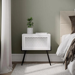 White 1 Door Push Open Bedside Cabinet Black Metal Legs Handleless - thumbnail 1