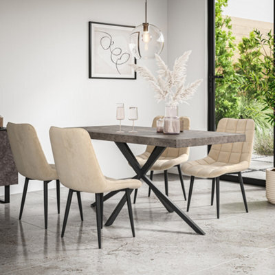 More4Homes Donni Dining Table And Chairs -  Concrete Effect Table Top W Black Legs + Nova Velvet Dining Chair Set Of 4 (Beige) - image 1