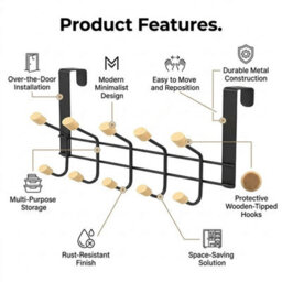Over The Door Hanging Hook Rack 10 Hooks Coat Clothes Towel Hat Bag Organiser - thumbnail 2