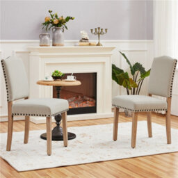 Yaheetech 2Pcs Beige Upholstered Dining Chairs With Nailhead Trim