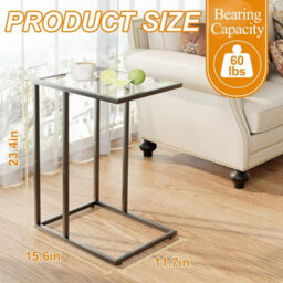 Huhote Sleek C Shaped Glass End Table With Metal Frame For Living Room And Bedroom - thumbnail 2