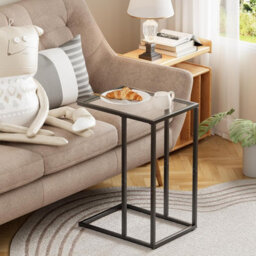 Huhote Sleek C Shaped Glass End Table With Metal Frame For Living Room And Bedroom - thumbnail 1