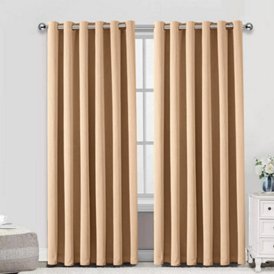 Bedlooms Blackout Curtains Thermal Insulated Eyelet Ready Made Ring Top Beige Curtain (Pair) 66 X 72 Inches With Tie Backs - image 1