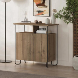 Dark Oak 2 Door Sideboard Separated Shelf Modern Metal Frame Cabinet - thumbnail 1