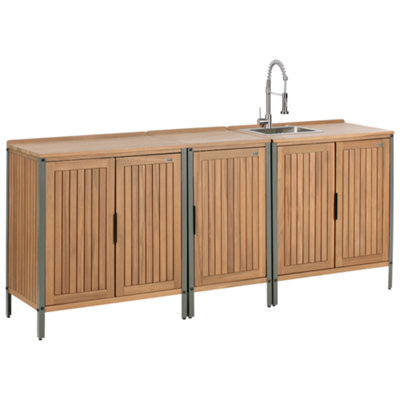 Beliani 3 Piece Outdoor Kitchen Set With Sink Ivrea Certified Acacia Wood Brown/ Silver - image 1