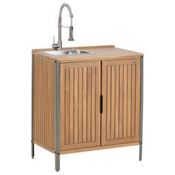 Beliani 3 Piece Outdoor Kitchen Set With Sink Ivrea Certified Acacia Wood Brown/ Silver - thumbnail 4