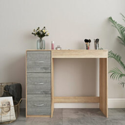 Urbn-Living Urbnliving Height 79.5Cm 3 Drawer Wooden Bedroom Dressing Computer Work Table Desk Oak  Carcass And Ash Grey Drawers Jewellery - thumbnail 2