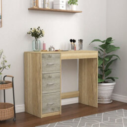 Urbn-Living Urbnliving Height 79.5Cm 3 Drawer Wooden Bedroom Dressing Computer Work Table Desk Oak  Carcass And Ash Grey Drawers Jewellery