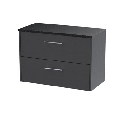 Nuie Hudson Reed Juno Wall Hung 2-Drawer Vanity Unit & Black Worktop, Sleek Countertop Basin Unit In Graphite Grey Woodgrain, 800mm - image 1