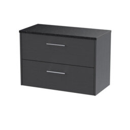 Nuie Hudson Reed Juno Wall Hung 2-Drawer Vanity Unit & Black Worktop, Sleek Countertop Basin Unit In Graphite Grey Woodgrain, 800mm - thumbnail 1
