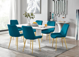 Furniturebox Imperia White High Gloss 6 Seater Dining Table With Structural 2 Plinth Column Legs 6 Blue Velvet Gold Leg Pesaro Chairs - thumbnail 1