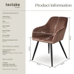 Tectake Set Of 2 Dining Chair Marilyn - With Armrests, Padded, Velvet Look, Black Steel Legs  - Brown/black - thumbnail 6