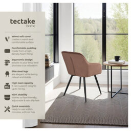 Tectake Set Of 2 Dining Chair Marilyn - With Armrests, Padded, Velvet Look, Black Steel Legs  - Brown/black - thumbnail 2