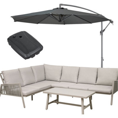 Loops Premium 5 Seater Garden Coffee Table & Parasol Set - Grey Aluminium Corner Sofa - image 1