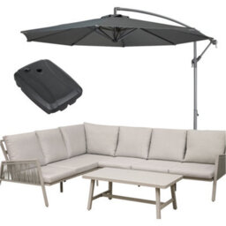 Loops Premium 5 Seater Garden Coffee Table & Parasol Set - Grey Aluminium Corner Sofa