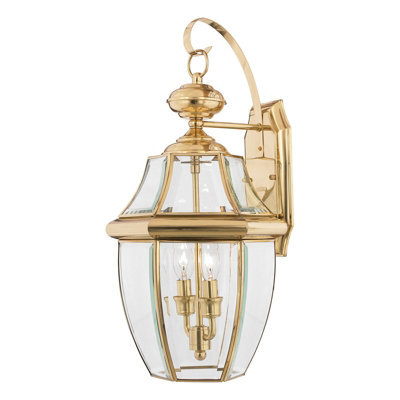 Stylish Outdoor Ip44 Twin Wall Light In Polished Brass With Led E14 Socket