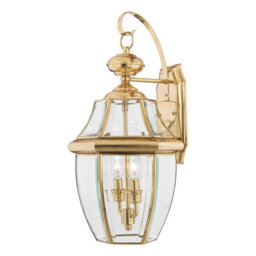 Stylish Outdoor Ip44 Twin Wall Light In Polished Brass With Led E14 Socket