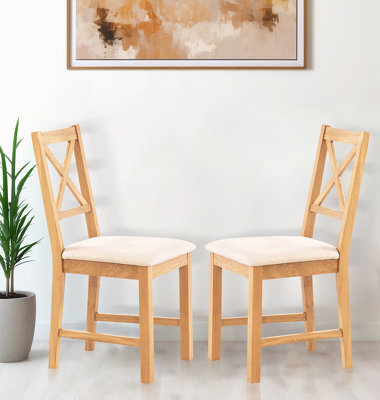 Hallowood Furniture Pair Of Oak Small Cross Back Chairs With Beige Fabric Seat - image 1
