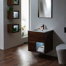 Homestylestore 612mm Dark Oak Wall Hung Bathroom Vanity Unit Led Lit Open Shelf Marble Effect Basin - thumbnail 3