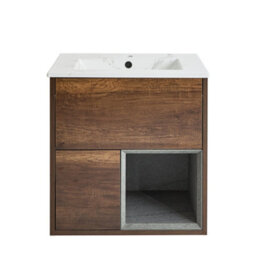 Homestylestore 612mm Dark Oak Wall Hung Bathroom Vanity Unit Led Lit Open Shelf Marble Effect Basin - thumbnail 1