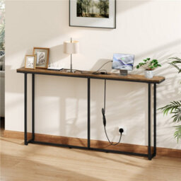 Yaheetech 160Cm Slim Console Table With Charging Station, Rustic Brown - thumbnail 1